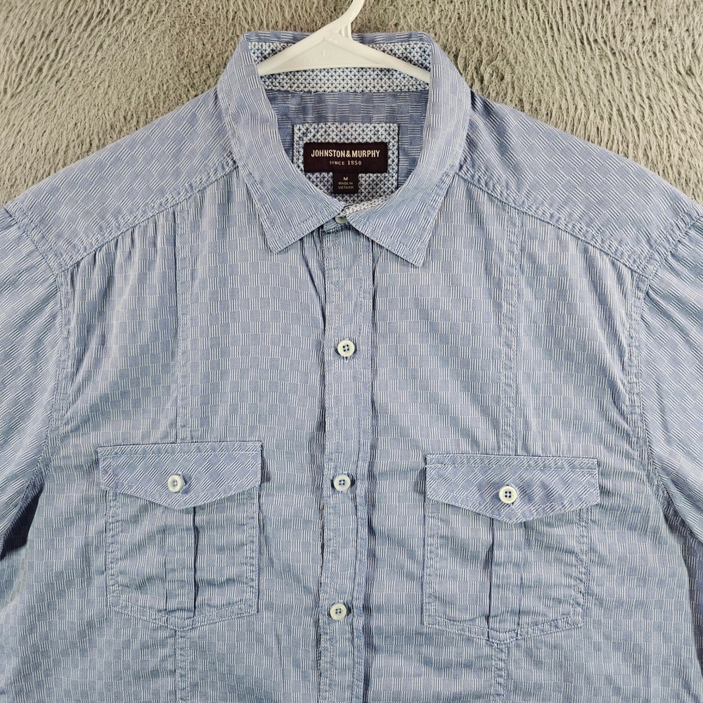 Johnston & Murphy Mens Blue Textured Check Short Sleeve Button Down Shirt M